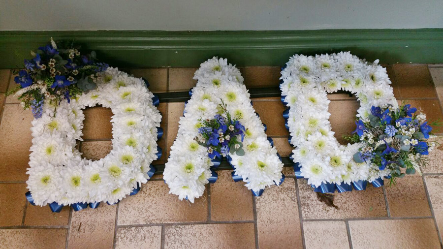 Based floral letters - white spray chrysanthemums and blue gentiana