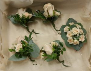 Blush rose buttonholes and traditional corsage