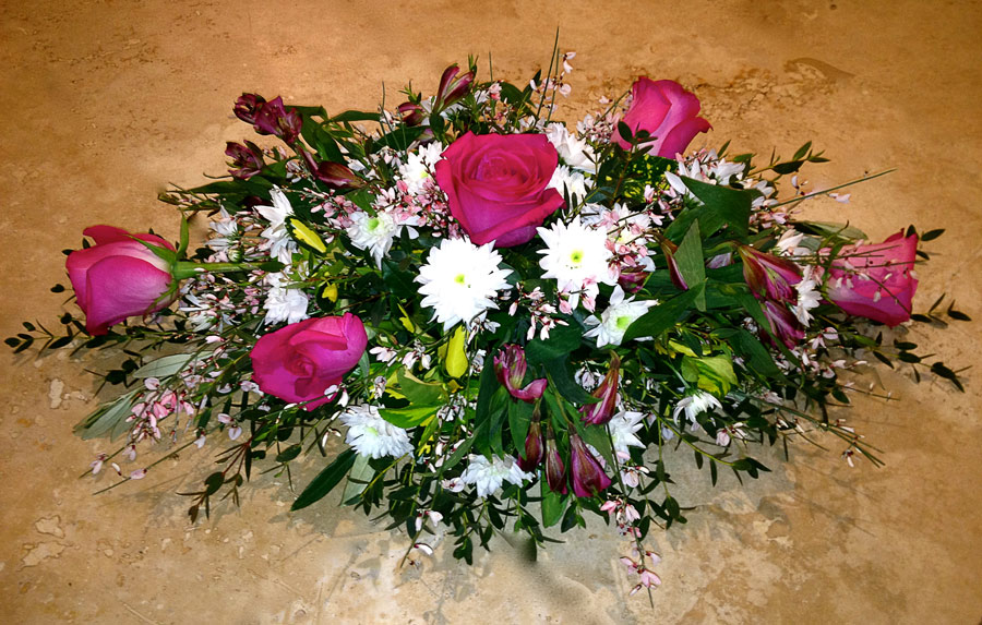 Spring / summer double ended spray - pink roses, white spray chrysanthemum, alstromeria and genista