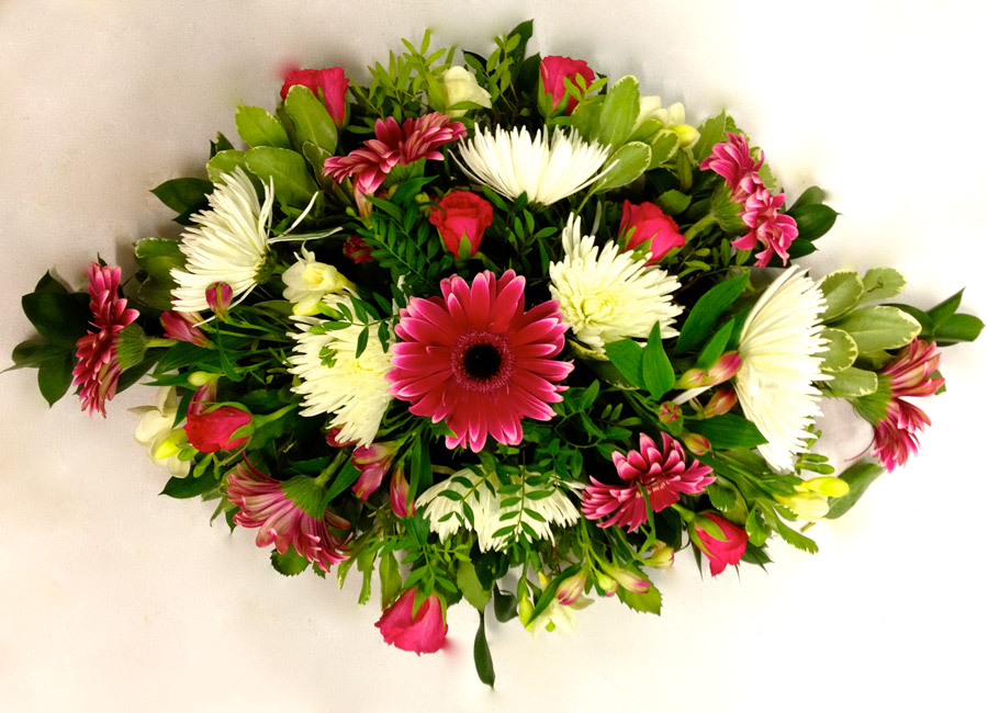 Summer double ended spray - pink gerbera and roses with white chrysanthemum bloom