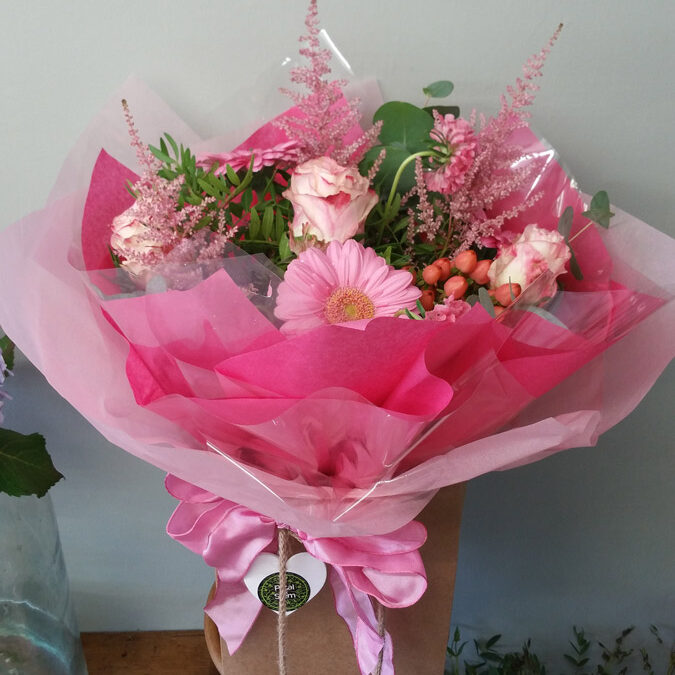 New baby girl mixed pink flower handtied gift bouquet aqua pack