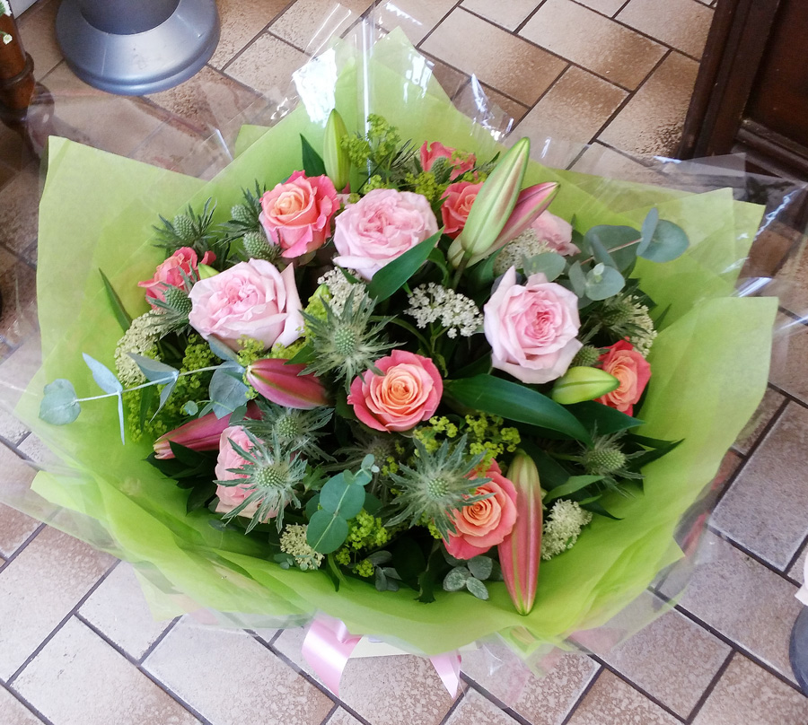 Handtied pink rose and lily mix gift bouquet aqua pack