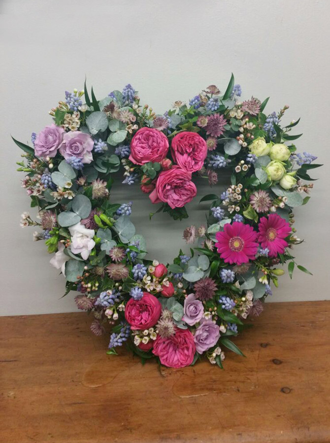 Open Heart Wreath - mixed blue, pink and yellow