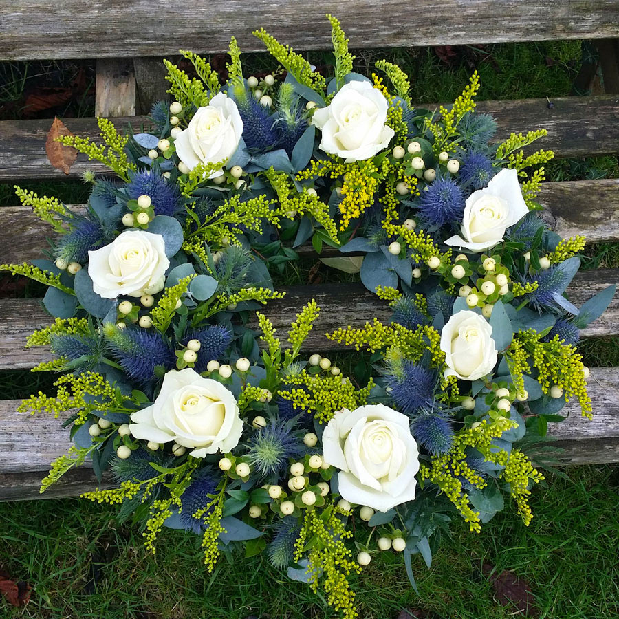 16-inch Open Wreath tribute - loose flower - roses, thistles, solidago and berries
