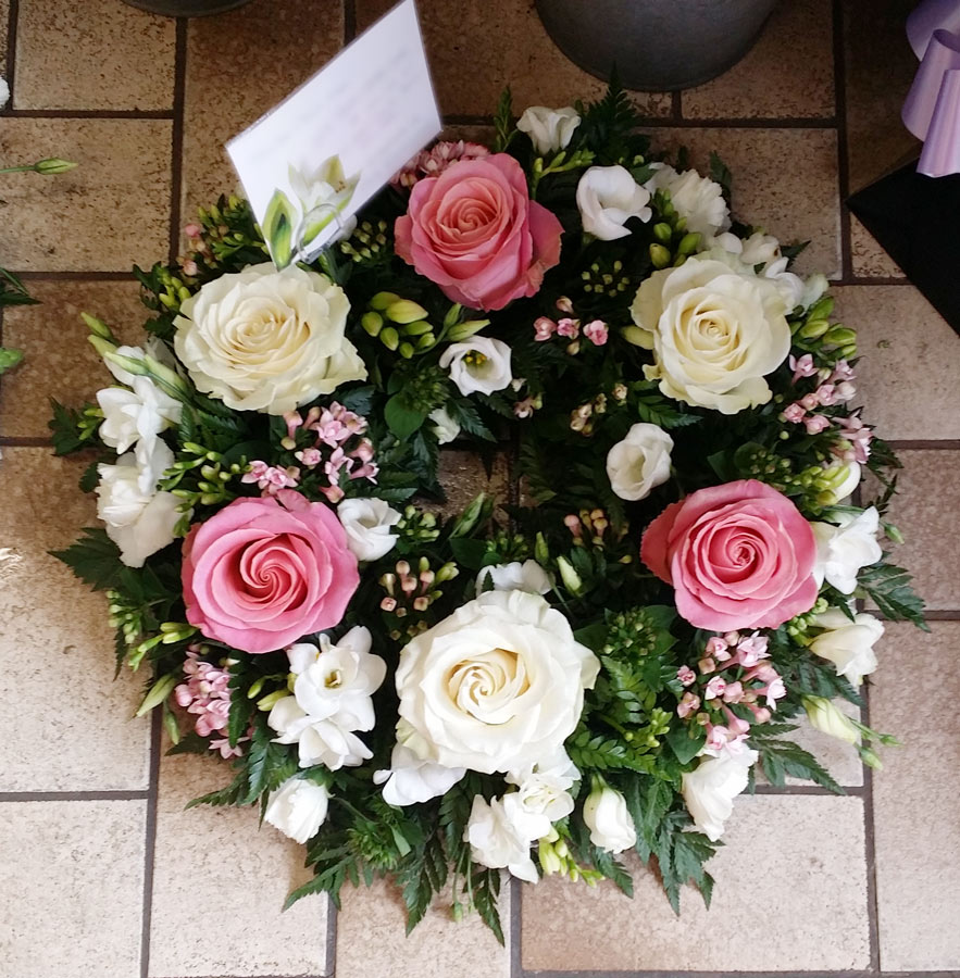 16-inch Open Wreath tribute - loose flower - pink and white roses, freesias, alstromeria and bouvardia