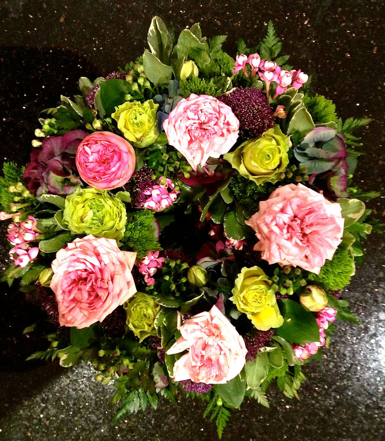 Open Wreath - loose flower - roses and bouvardia - pink and green