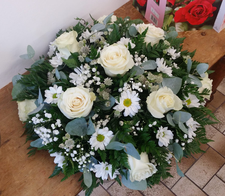 Posy pad - 16 inch loose flower tribute - white rose and chrysanthemum spray
