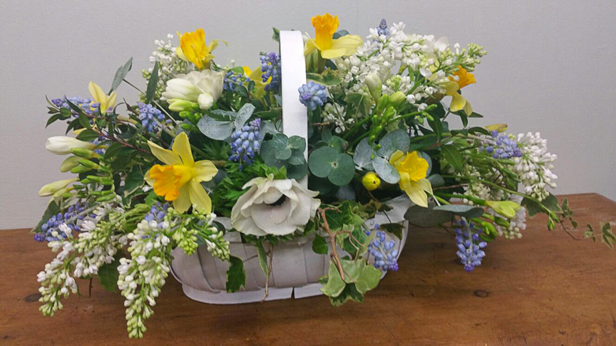 Basket of flowers with daffodils, anemones, muscari and lilac