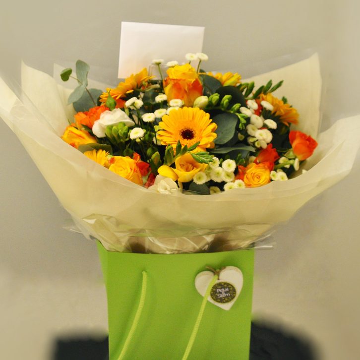 Yellow, orange and white handtied gift bouquet aqua pack