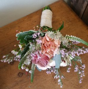 Pink, peach and blush rose young bridesmaid bouquet